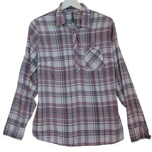 Kuhl Plaid Shirt Blouse Purple Plaid Lightweight Spektra Roll Tab Sleeves Size L